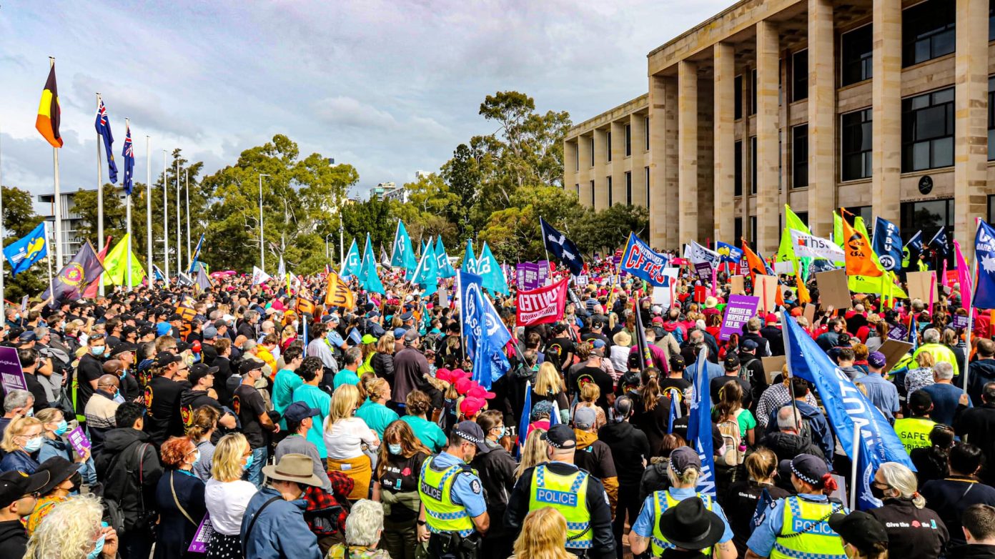 Public Sector Pay Rally 2022. A crowd of over 5,000 public sector workers including health workers, police officers,teachers and firefighters stand outside Parliament House WA.