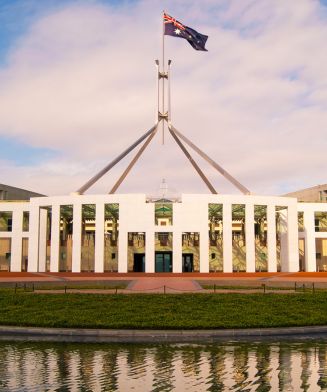 The front facade of Parliament House Canberra.
