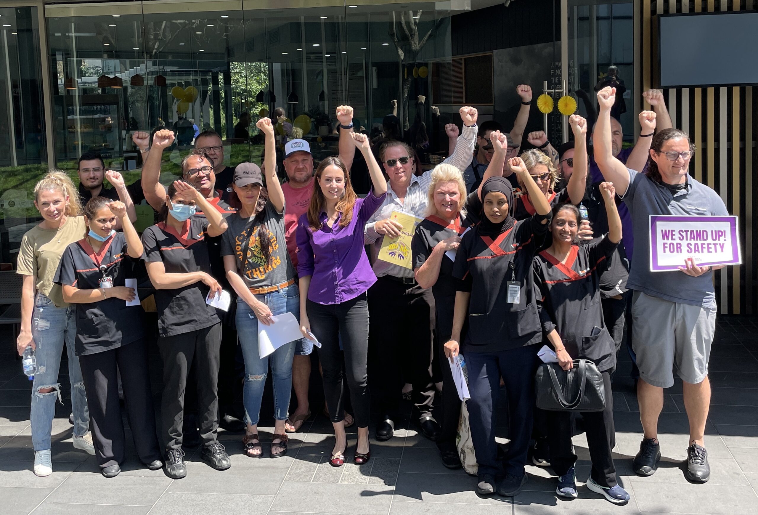 A group of specimen collectors stand with HSUWA Delegates and Officials at Fiona Stanley Hospital.