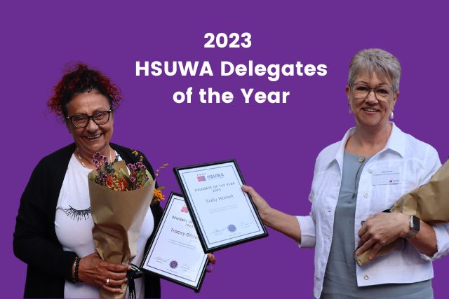 A composite image of 2023 Delegates Tracey Giblett (left) and Sally Hartel (right) each holding a bunch of flowers and their Delegate of the Year framed certificates.