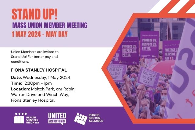 A purple and red tile with the details of the FSH Mass Member meeting and an image of HSUWA Members taking action.