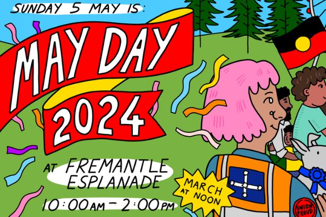 A bright and colourful illustrated image of union members gathering at May Day with signs and flags.