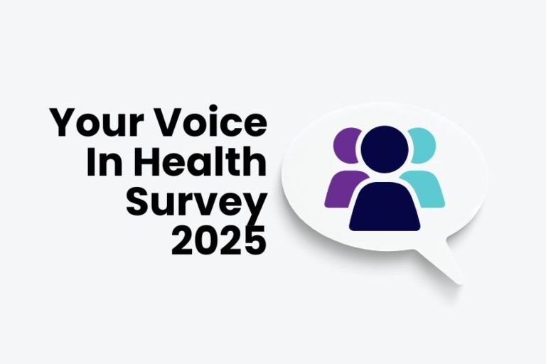 Your Voice in Health Survey in text with a speech bubble with three people icons within it.