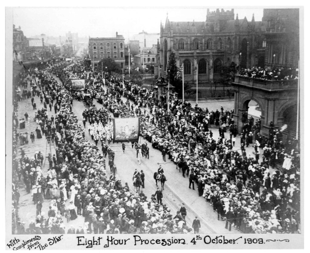 A black and white image of the Eight Hour Day Procession.