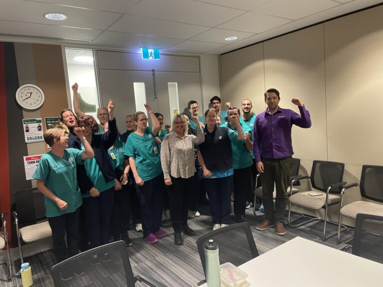 Radiation Therapists at Sir Charles Gairdner Hospital celebrating their win with HSUWA Secretary Naomi McCrae and Organiser Tim Jager.