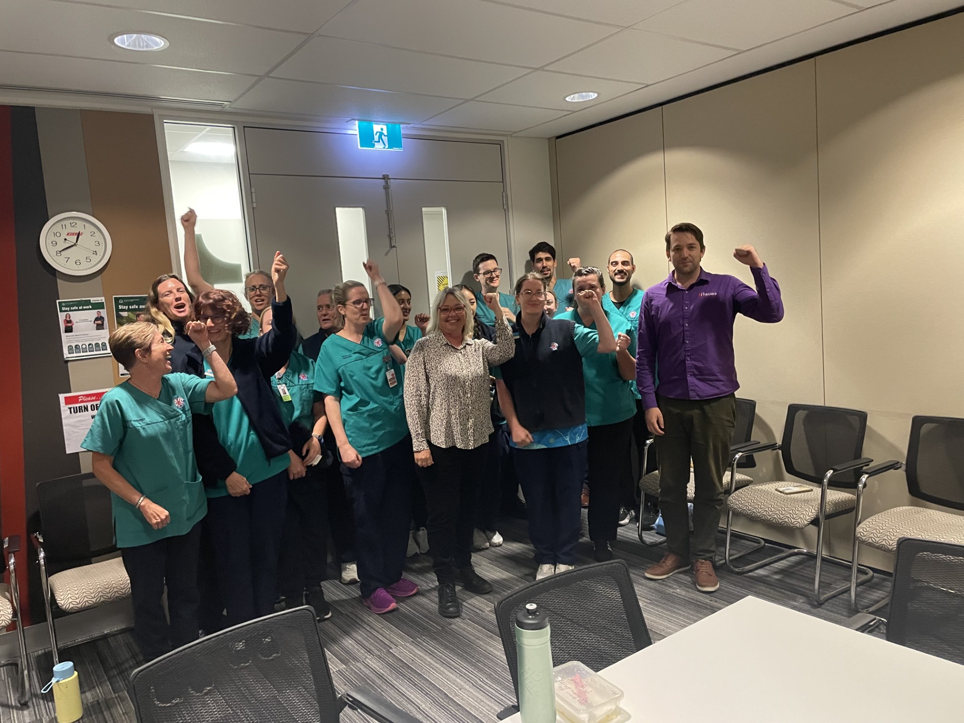 Radiation Therapists at Sir Charles Gairdner Hospital celebrating their win with HSUWA Secretary Naomi McCrae and Organiser Tim Jager.