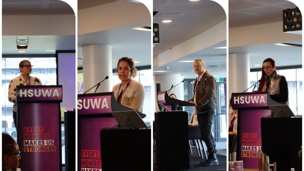 HSUWA Delegates Rute Rubeiro, Judith McLoughlin, Craig Russell (Vice President) and Cassie Ellis speaking about their campaigns and wins at Union Conference 2025.